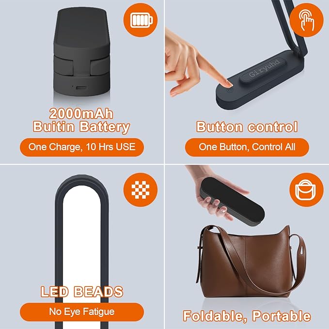 LED Desk Lamp for Office Home & Battery Operated Lamp Rechargeable Lamp Foldable & Portable Light, LED Desk Light Strip, 3 Brightness Dimmable Small Desk Lamp Reading Lamp (Black (2PACK))