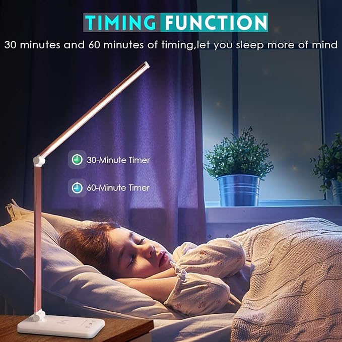 LED Desk Lamp Dimmable Table Lamp Reading Lamp with USB Charging Port, 5 Lighting Modes, Sensitive Control, 30/60 Minutes Auto-Off Timer, Eye-Caring Office Lamp (Pink)