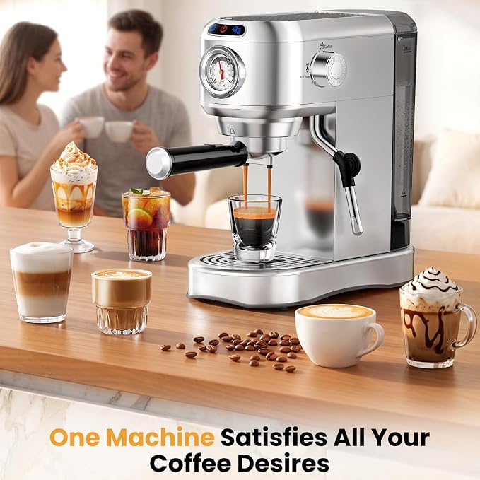 Espresso Machine 20 Bar, Compact Espresso Coffee Machine with Milk Frother, Stainless Steel Coffee Maker with 34oz Removable Water Tank, Cappuccino Machine for Home, Office, Latte (Silver)