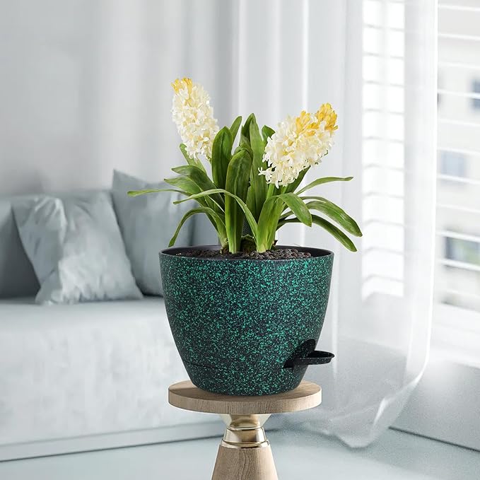 12 inch Large Self Watering Pots for Indoor Outdoor Plants, Flower Plant Pots with Mesh Drainage Holes for Garden House Plants, Plastic Planters for Home, Black with Green Speckles
