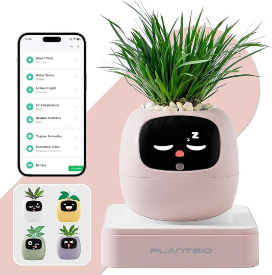 Smart Plant Pot with Visual Display – Soil Moisture, Water Level, Light & Battery Monitor, 80ml Self-Watering Reservoir, Supports 50+ Plants, Pomodoro Timer, Clock & Calendar (Blush)