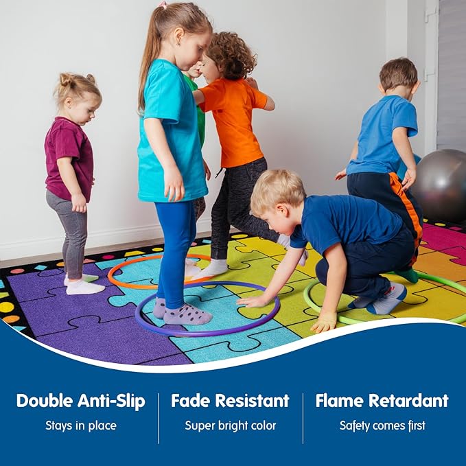 Booooom Jackson Thick Classroom Rug 13'x7'5''Large Puzzle Classroom Carpet Preshool Seating Rug for School, Children's Classroom Area Rug for Classroom with 0.3''Non-Slip Backing (Pro, Purple)