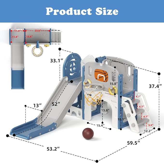 XJD 8 in 1 Toddler Slide Set, Kids Slide for Toddlers Age 1+, Climber Slide PlaySet with Basketball Hoop and Ball,Outdoor Indoor Playground for Toddlers 1-3 (Blue, Small)
