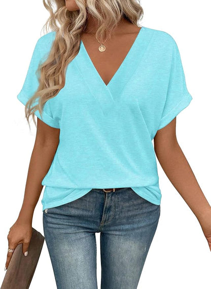 T Shirts Short Sleeve V Neck Tees Womens Tops Beach Vacation Fashion Clothes 2026 Casual Summer Spring Fall Outfits