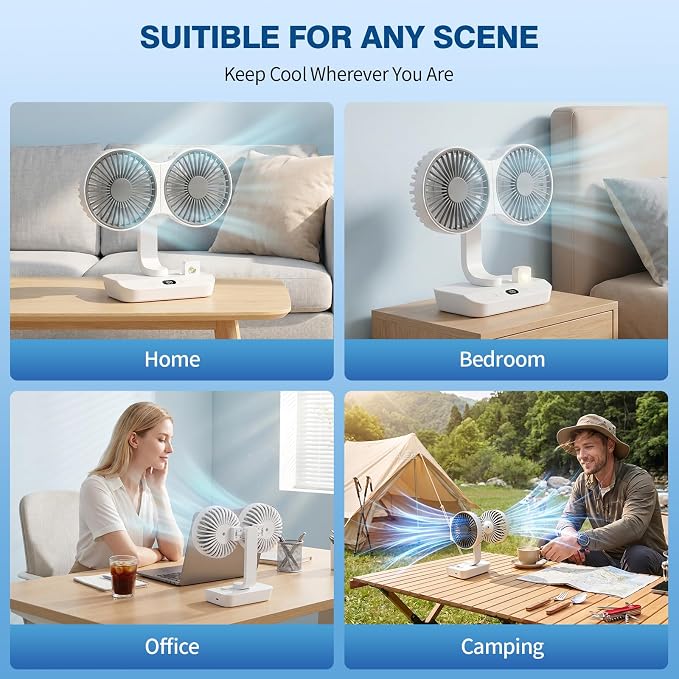 Morelax Dual Head Desk Fan with LED Light, USB Rechargeable Portable Mini Fan, Quiet Desktop & Wall-Mounted Fan, Multi-Angle Rotation, 4 Speeds, for Bedroom, Home, Office, Camping
