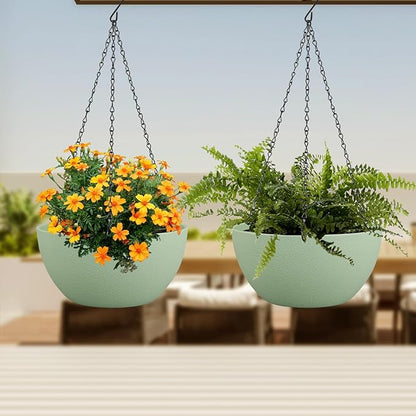 12 inch Large Hanging Planters Plant Pots for Indoor Outdoor Plants, 2 Pack Hanging Flower Pots with Drainage Holes and Chain for Garden Porch, Plastic Hanging Baskets for House Plants, Green