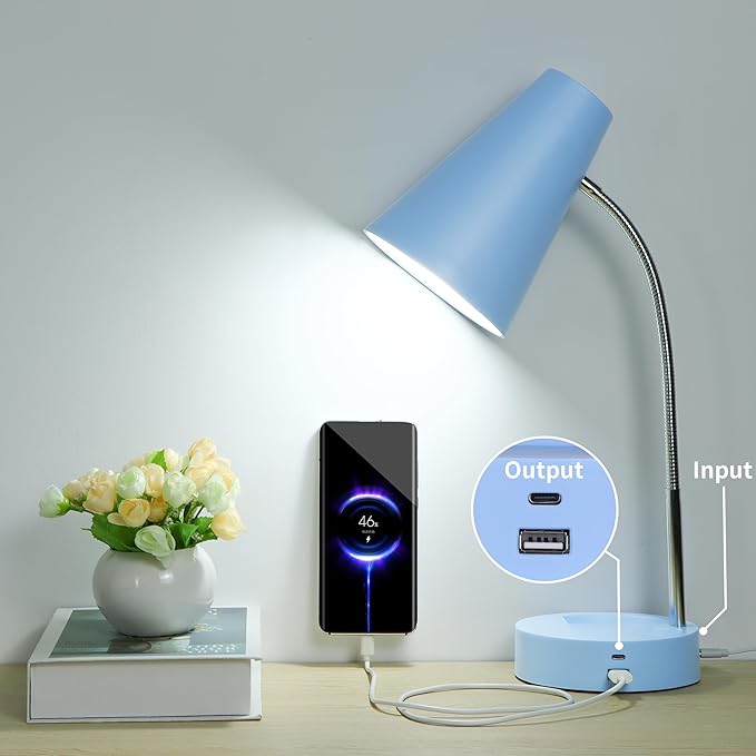 RUNTOP Metal Desk Lamp, Eye-Caring Table Lamp, Study Lamps with Flexible Goose Neck for Bedroom and Office, Desk lamp with USB, 5 Color Temperatures, 5 Brightness Levels (Blue)