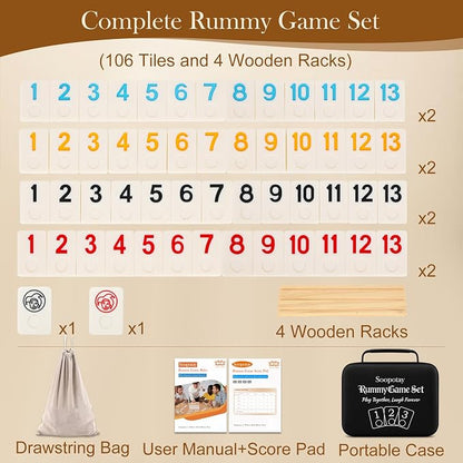 Soopotay Upgraded 2-4 Players Rummy Game, 106 Melamine Tiles, 4 Wooden Racks, Premium Portable Case, Drawstring Bags, Tile Board Games for Adults, Birthday Gifts for Men Women Dad Mom