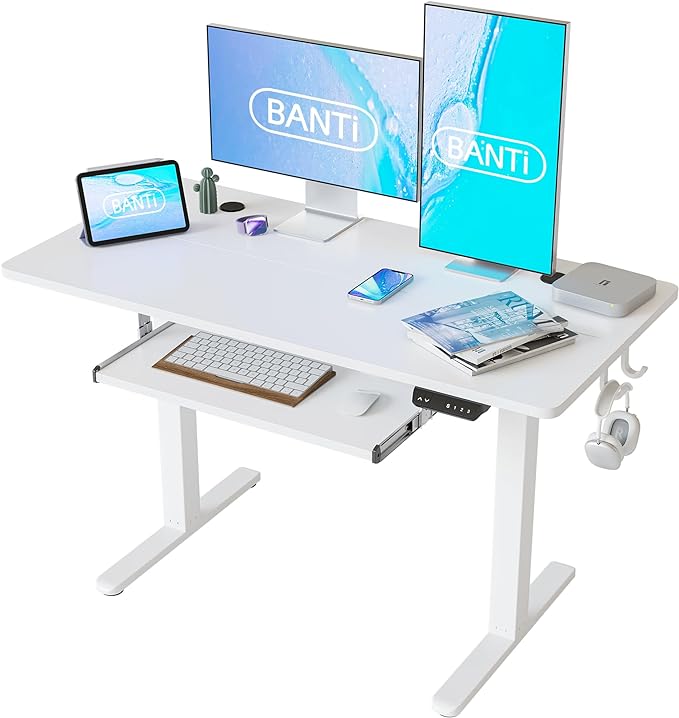 BANTI 48" x 24" Height Adjustable Electric Standing Desk with Keyboard Tray, Sit Stand up Desk with Splice Board, White Frame/White Top
