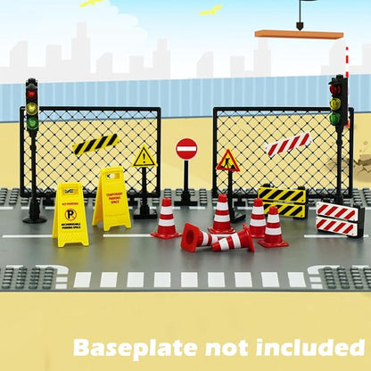 City Road Signs Bricks Accessories, Construction Site Street Signs, Mini Traffic Cones & Crosswalk Signal Toys for Kids Building Blocks Toys for Boys Girls