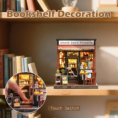 Fsolis Book Nook Kit - 3D Wooden Puzzles for Adults DIY Miniature House Kit Bookshelf Pizza Shop Diorama Gifts for Women Puzzle Lovers (Uncle Joe's Pizzeria)