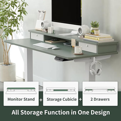 FEZIBO 55 x 24 Inch Height Adjustable Electric Standing Desk with Double Drawer, Stand Up Desk with Storage Shelf, Sit Stand Desk, Green