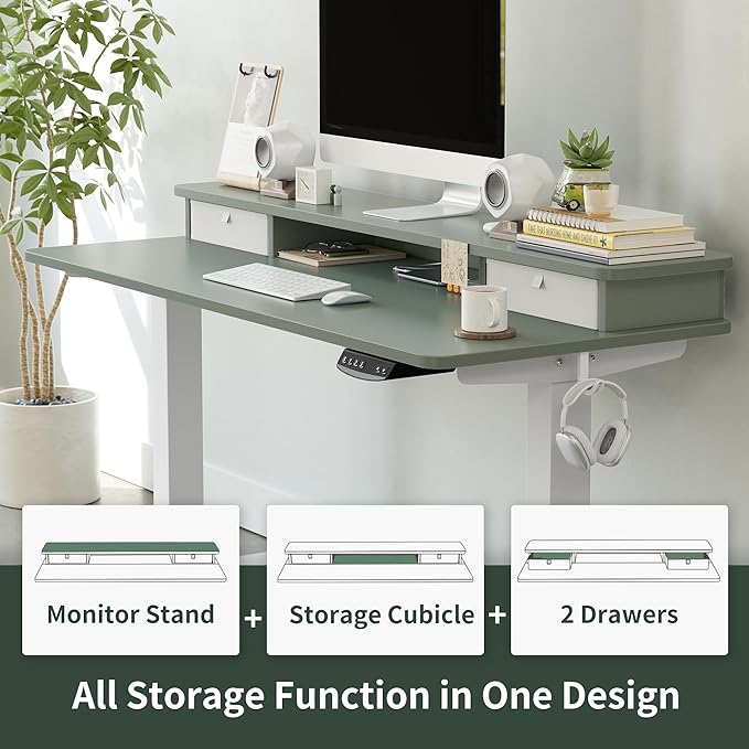 FEZIBO 60 x 24 Inch Height Adjustable Electric Standing Desk with Double Drawer, Stand Up Desk with Storage Shelf, Sit Stand Desk, Green