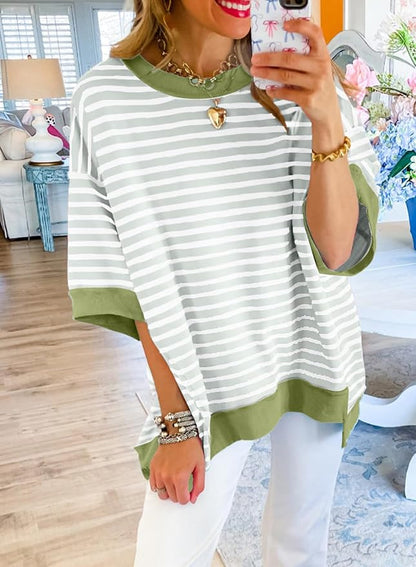 SHEWIN Womens Tops Casual Short Sleeve Sweatshirt Crewneck Striped Shirt Pullover T Shirts Loose Blouses