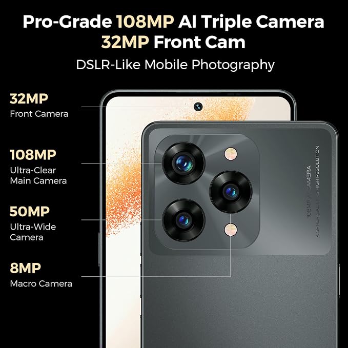 S13 108MP AI Triple Camera, 32MP Front, 50MP Ultra-Wide, 8MP Macro, Android 14 Smartphone, 6.67" FHD+ AMOLED 120Hz, 12GB+256GB, 5000mAh, 33W Charging, Dual SIM, Fingerprint & AI Face Cell Phone