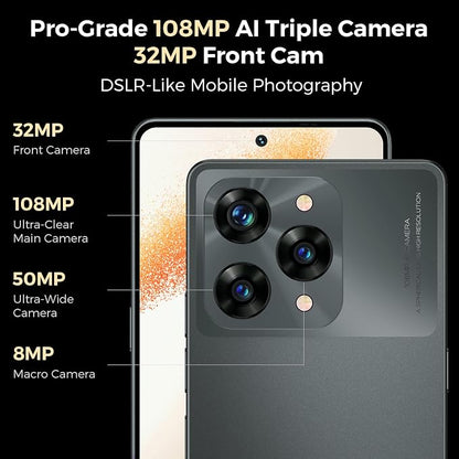 S13 108MP AI Triple Camera, 32MP Front, 50MP Ultra-Wide, 8MP Macro, Android 14 Smartphone, 6.67" FHD+ AMOLED 120Hz, 12GB+256GB, 5000mAh, 33W Charging, Dual SIM, Fingerprint & AI Face Cell Phone