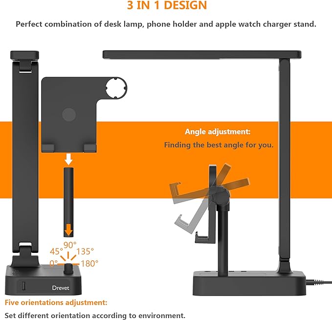Drevet 3 in 1 LED Desk Table Lamp with Cell Phone Holder and Apple Watch Charger Stand, Eye-Caring Foldable Desk Light with USB Charging Port, 3 Level Brightness, Memory Function, Touch Control, Black