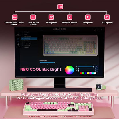AULA Keyboard, Wireless Gaming Keyboard Creamy Bluetooth Computer Keyboards | 99 Key, Membrane Keyboard with Number Pad,RGB Backlit,Tri-Mode BT/2.4GHz/USB-C,Pink&Green&Coffee Color