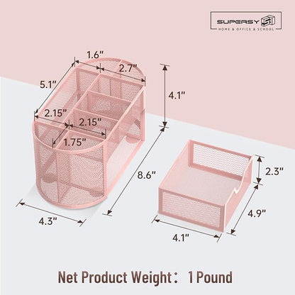 Mesh Desk Organizer with Drawer, 9-Compartment Pen Holder for Desk, Pink | Pull-Out Drawer Stores Pens, Pencils, Clips, Notes, and Small Office or School Supplies in One Compact Desk Caddy