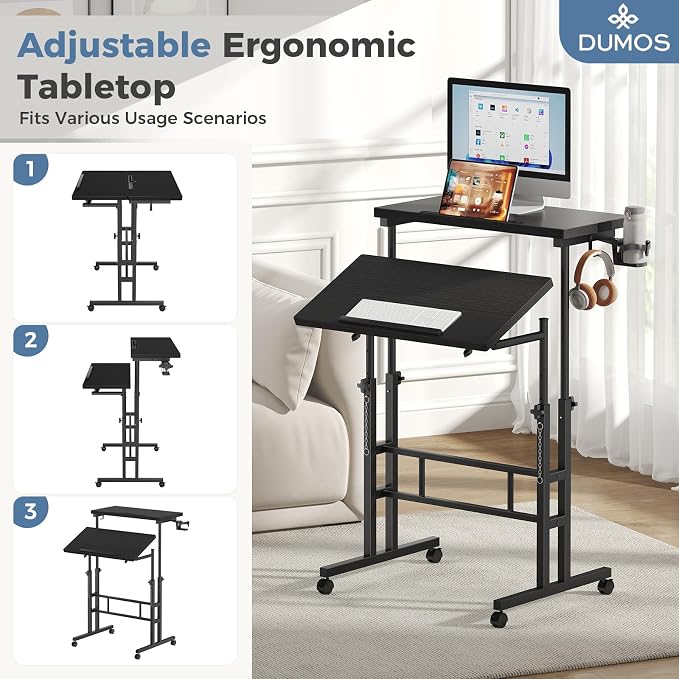 DUMOS Rolling Standing Desk, Sit Stand Desk, Computer Cart | 23.6 Inch Width, Height Adjustable, Split Top, Mobile Laptop Workstation, Office Table, Portable Design, Black
