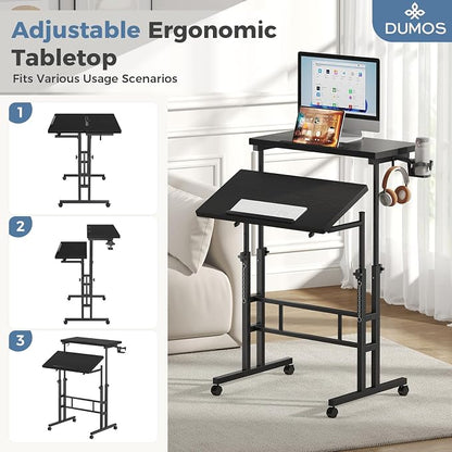DUMOS Rolling Standing Desk, Sit Stand Desk, Computer Cart | 23.6 Inch Width, Height Adjustable, Split Top, Mobile Laptop Workstation, Office Table, Portable Design, Black