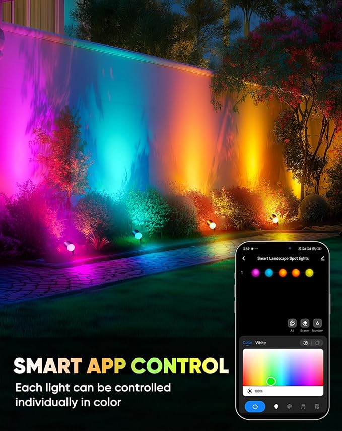 GZBtech Outdoor Landscape Smart Lights 6-Pack, Plug-in RGBIC+CCT Color Changing LED Spotlights, IP65 Waterproof, App Control Work with Alexa, Dimmable Aluminum LED Pathway Lights for Garden Yard Decor