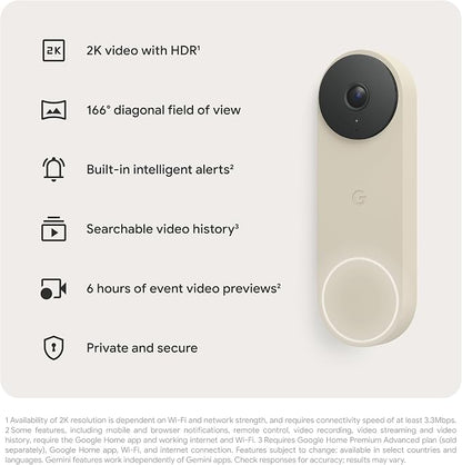 Google Nest Doorbell (Wired, 3rd Gen) - 2K Video, Live View - 2025 - Linen | Video doorbell, 2K HDR, intelligent alerts, color night vision, 2-way audio, works with Google Home & Gemini