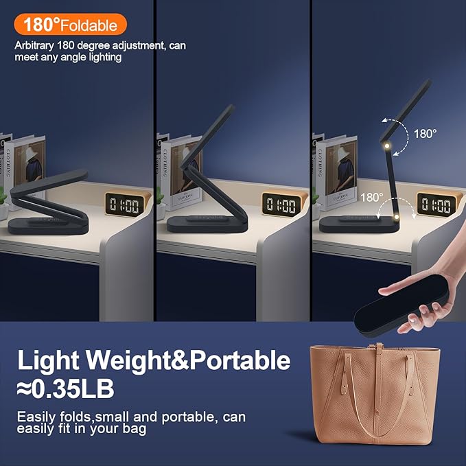 LED Desk Lamp for Office Home & Battery Operated Lamp Rechargeable Lamp Foldable & Portable Light, LED Desk Light Strip, 3 Brightness Dimmable Small Desk Lamp Wireless Reading Lamp (Black)