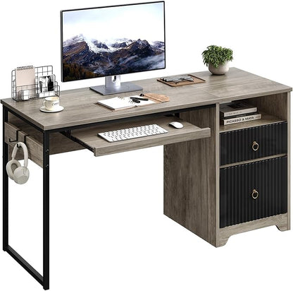 Bestier 55Inch Modern Fluted Desk with Drawers & Keyboard Tray, Grey | 55 X 22 In Work Surface, File Drawer, Reversible Pedestal, Fluted Panels And Keyboard Tray For Home Office Storage.