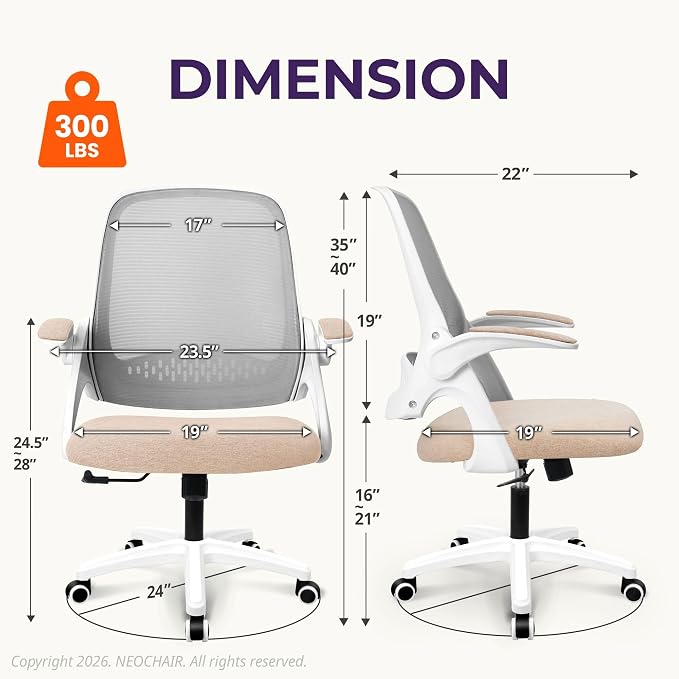 NEO CHAIR Office Desk Gaming Ergonomic Computer Chair with Lumbar Back Support Adjustable Height Swivel Rolling Wheels Flip-up Arms Mesh Chair for Home Vanity (Beige) | Lumbar Support, Height Adjustment, 360° Swivel and Rolling Base, Space-Saving Desig...