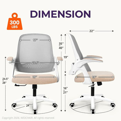NEO CHAIR Office Desk Gaming Ergonomic Computer Chair with Lumbar Back Support Adjustable Height Swivel Rolling Wheels Flip-up Arms Mesh Chair for Home Vanity (Beige) | Lumbar Support, Height Adjustment, 360° Swivel and Rolling Base, Space-Saving Desig...
