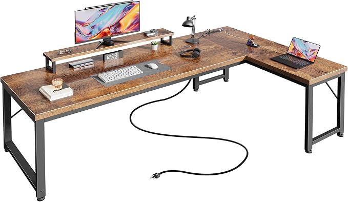 PRAISUN 61" L Shaped Computer Desk, Outlets, Monitor Stand, Rustic Brown | USB-C Ports, Reversible Charging Station, Spacious Desktop & Legroom, 0.94 Inch Thick Desktop, for Gaming, Study & Work