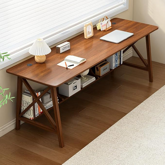 NELYE Extra Long Writing Desk with Bookshelf, 71" Wx24 Dx30 H, Walnut | Wooden Home Office Work Study Table, Computer Gaming Workstation with Storage Shelf, Sturdy MDF Resists Wobble