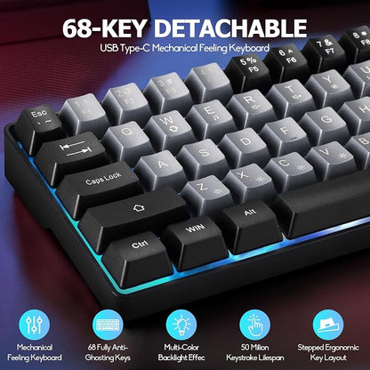Guiheng Wired Portable 60% Mechanical Gaming Keyboard,RGB LED Backlit Compact 68 Keys Mini Wired Office Keyboard with Red Switch for Windows Laptop PC Mac -Grey and Black