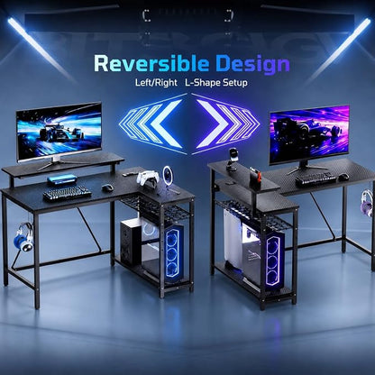 Bestier 42-Inch L-Shaped Computer Desk with Charging & LED, Black | Charging 2AC+USB+Type-C, RGB LED Strip, Reversible Shelves, Monitor Stand, Headphone Hook, Cable Mgmt, Small Space