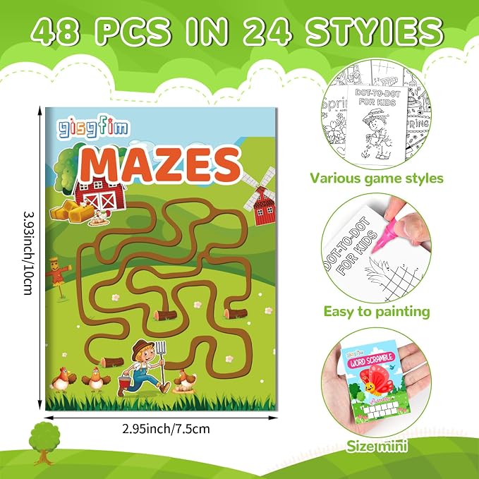 48 PCS Summer Mini Activity Books Kids Coloring Books Party Favors Bulk Challenging Game Include Maze Dot to Dot Word Search Word Scramble for Age 4-12 Goodie Bags Stuffers Easter Spring Supplies
