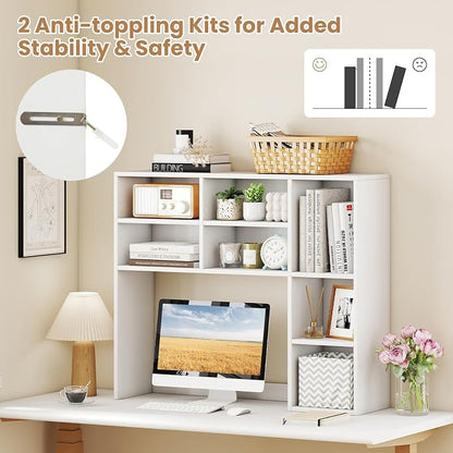 LDAILY Desktop Bookshelf, 37’’ Wood Desk Shelf with 7 Cubes & 3 Adjustable Shelves, 3-Tier Desk Display Rack, Desk Hutch for Dorm College Office Computer Monitor Up to 27’’ (White, 7 Shelves)
