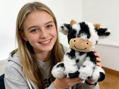 Cute Cow Plush Stuffed Animal Doll Toy 8 inch for Girls Boys One Peices （Each one has a Different Pattern） (sit Cow bd Black)