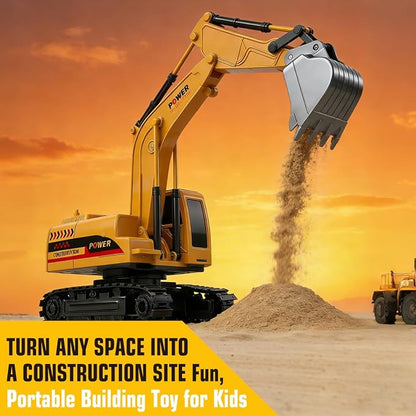 RC Hydraulic Excavator Toy, 6-Channel Remote Control Excavator with Metal Shovel & Lights, 360° Rotation Mini Excavator, RC Construction Vehicles Digger Toy for Boys 3-8