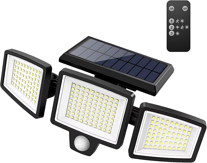 Tuffenough Solar Outdoor Lights 2500LM 210 LED Security Lights with Remote Control,3 Heads Motion Sensor Lights, IP65 Waterproof,270° Wide Angle Flood Wall Lights with 3 Modes(1 Packs)