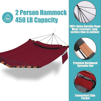 TegerDeger 12FT 2 Person Hammock Large Hammock 450LB Capacity Hardwood Spreader Bar & Nylon Rope for Outside, Patio, Garden, Backyard, Beach, Poolside - Red