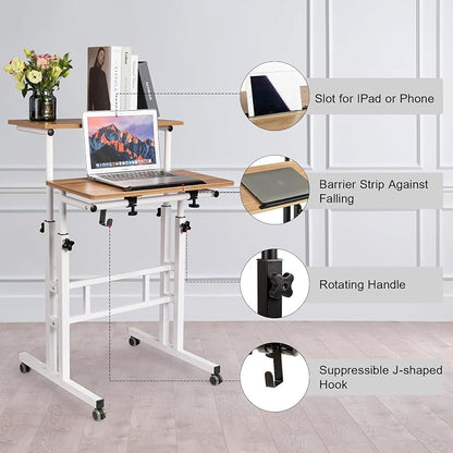 Hadulcet Mobile Standing Desk with Charging Station, Adjustable Standing Computer Desk, Standing Adjustable Laptop Cart with Wheels for Home Office Classroom Vintage Oak