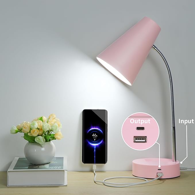 RUNTOP Pink Desk Lamp, Desk Lamps for Home Office, Desk Light for Kids, Desktop/Computer Study Lamps, Bedrooms Adjustable Gooseneck Reading Lamp with USB Port, 5 Brightness Levels, 5 Color Temperature