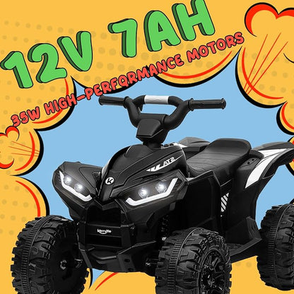 KerryYoo AT2 Kids ATV,12V 4 Wheeler for Kids 3-6,Electric Toddler Ride On Toys,Remote Control, High/Low Speeds, LED Lights, Bluetooth, and Off-Road Tires - Black