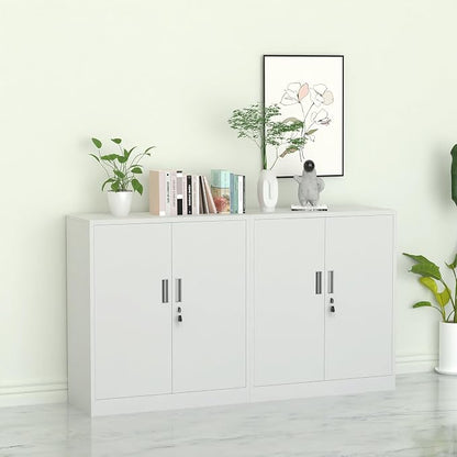 Metal Storage Cabinet with Locking Doors and 2 Adjustable Shelves, Small Lockable Steel Storage Cabinets for Home Office Garage Kitchen Pantry (White)