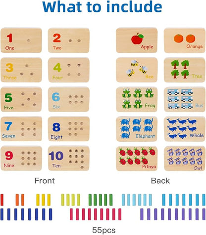 TOOKYLAND Peg Board Toddler Toys, Counting Wooden Toys with 55 Pegs, Wooden Math Manipulatives,Montessori Math and Numbers for Kids & Kindergarten Learning Activities