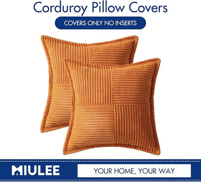 MIULEE Fall Burnt Orange Decorative Throw Pillow Covers for Couch Bed Livingroom 16x16 Inch Set of 2 Boho Accent Throw Pllows Broadside Striped Patchwork Soft Corduroy Pillowcases