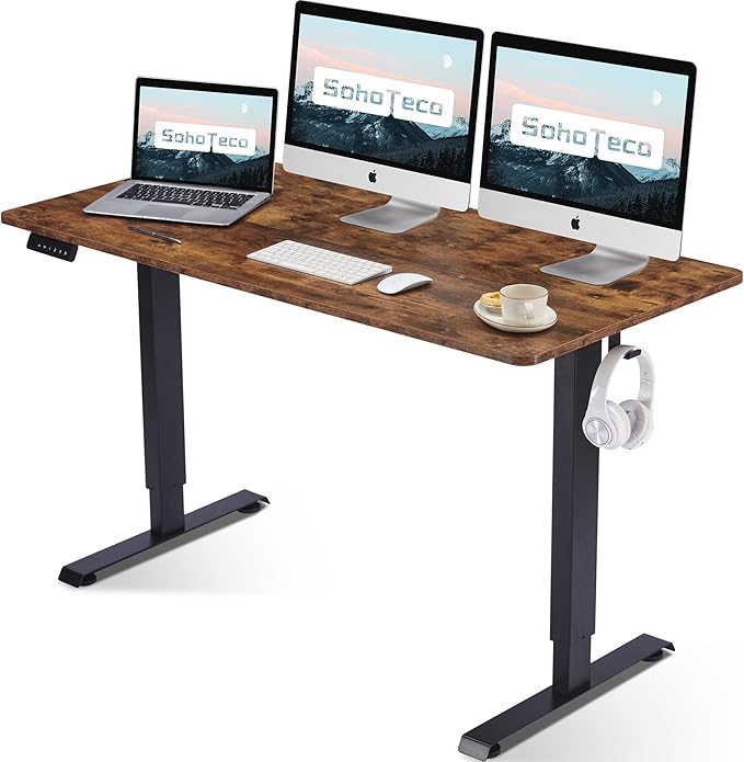 Motorized Stand Up Desk Adjustable Height, 55x24 Office Desk Memory Preset with Cable Management Tray and Side Hooks, Black Frame & Brown Desktop