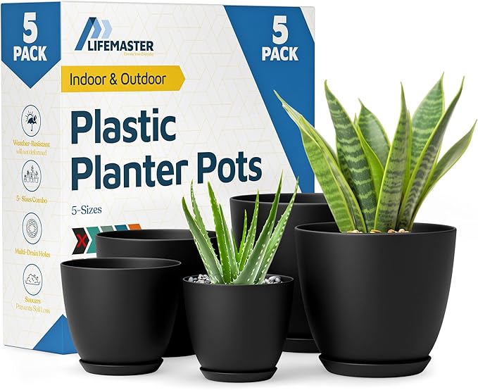 Lifemaster Plant Pots with Multi Drainage Holes - 5 Pieces Versatile, Sturdy Plastic, Stackable Design Home Decor Flower Pots for Indoor and Outdoor Gardening - Black