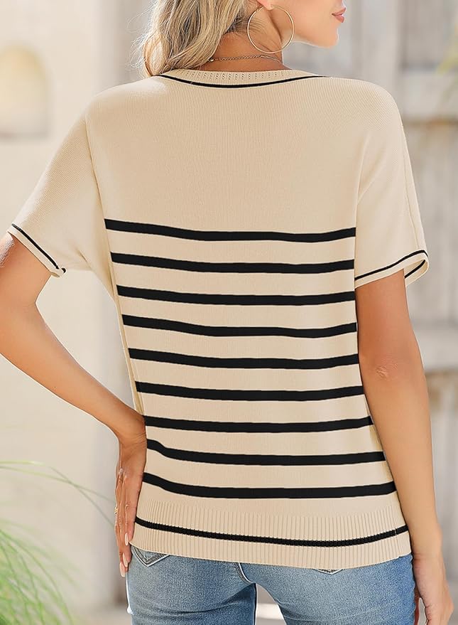 SHEWIN Womens Tops Trendy Short Sleeve Shirts Crewneck Lightweight Knit Sweater Top Business Casual Outfits